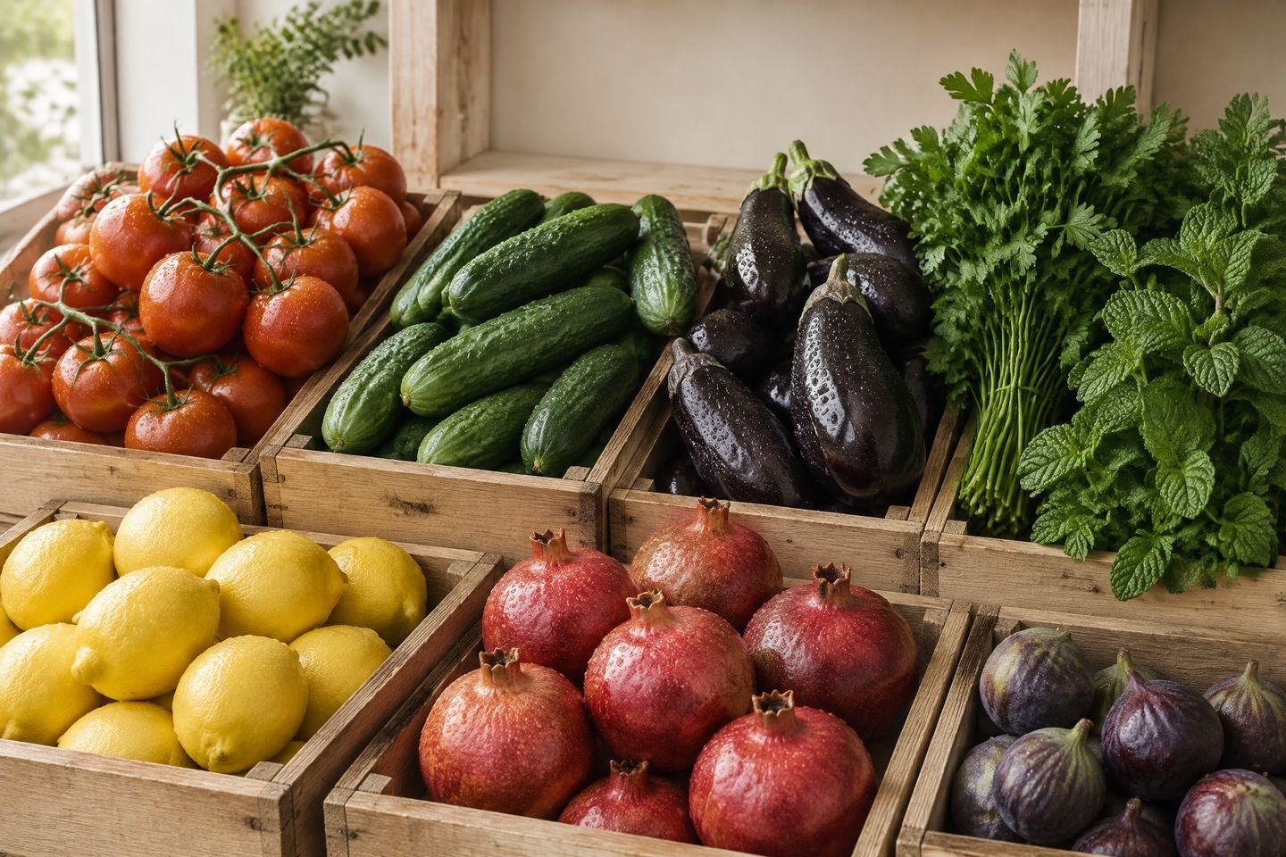 Tomaten, Gurken, Auberginen, Kräuter, Zitronen und Granatäpfel