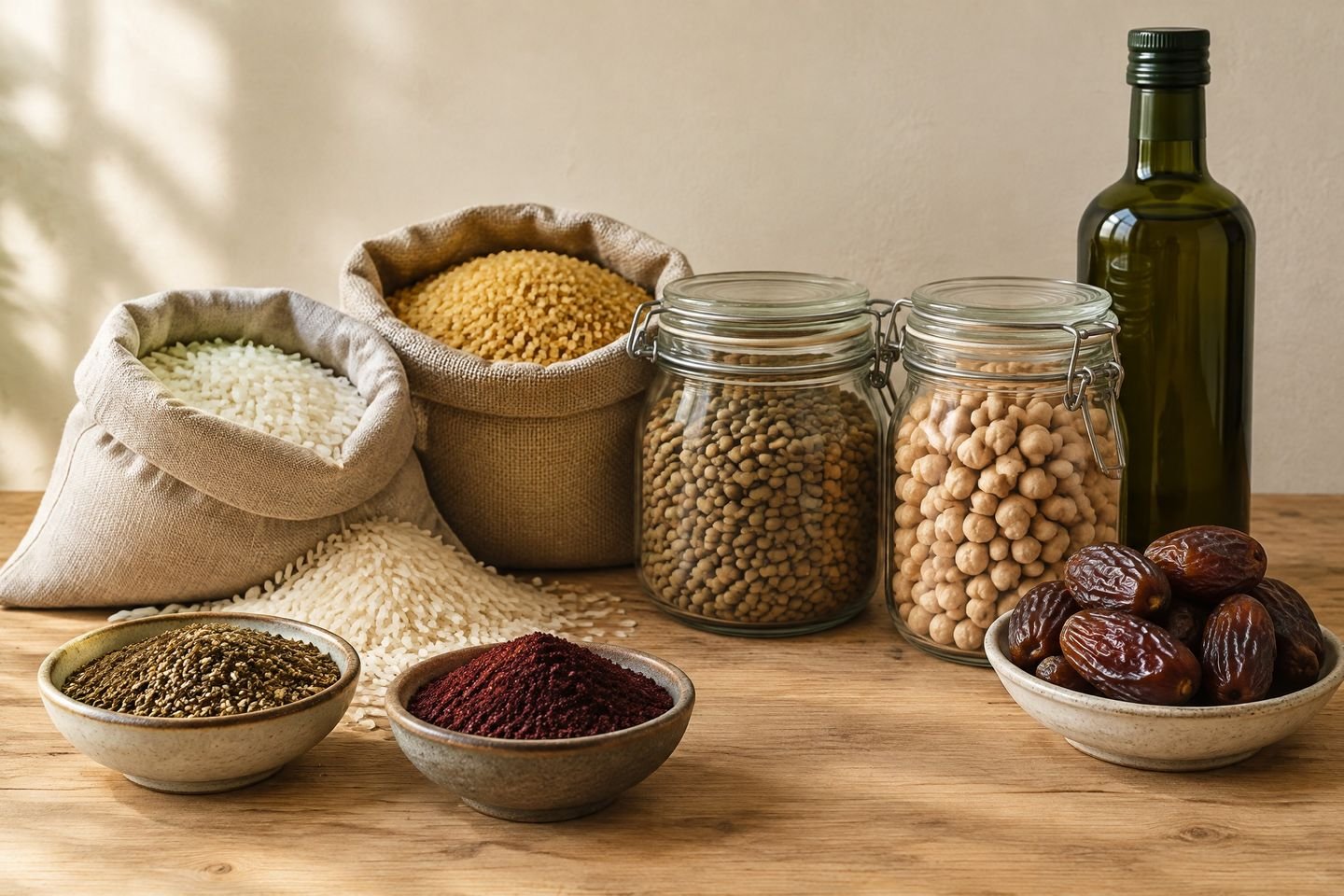 Schalen mit Za'atar und Sumach, Reis, Bulgur, Linsen, Kichererbsen, Olivenöl und Datteln