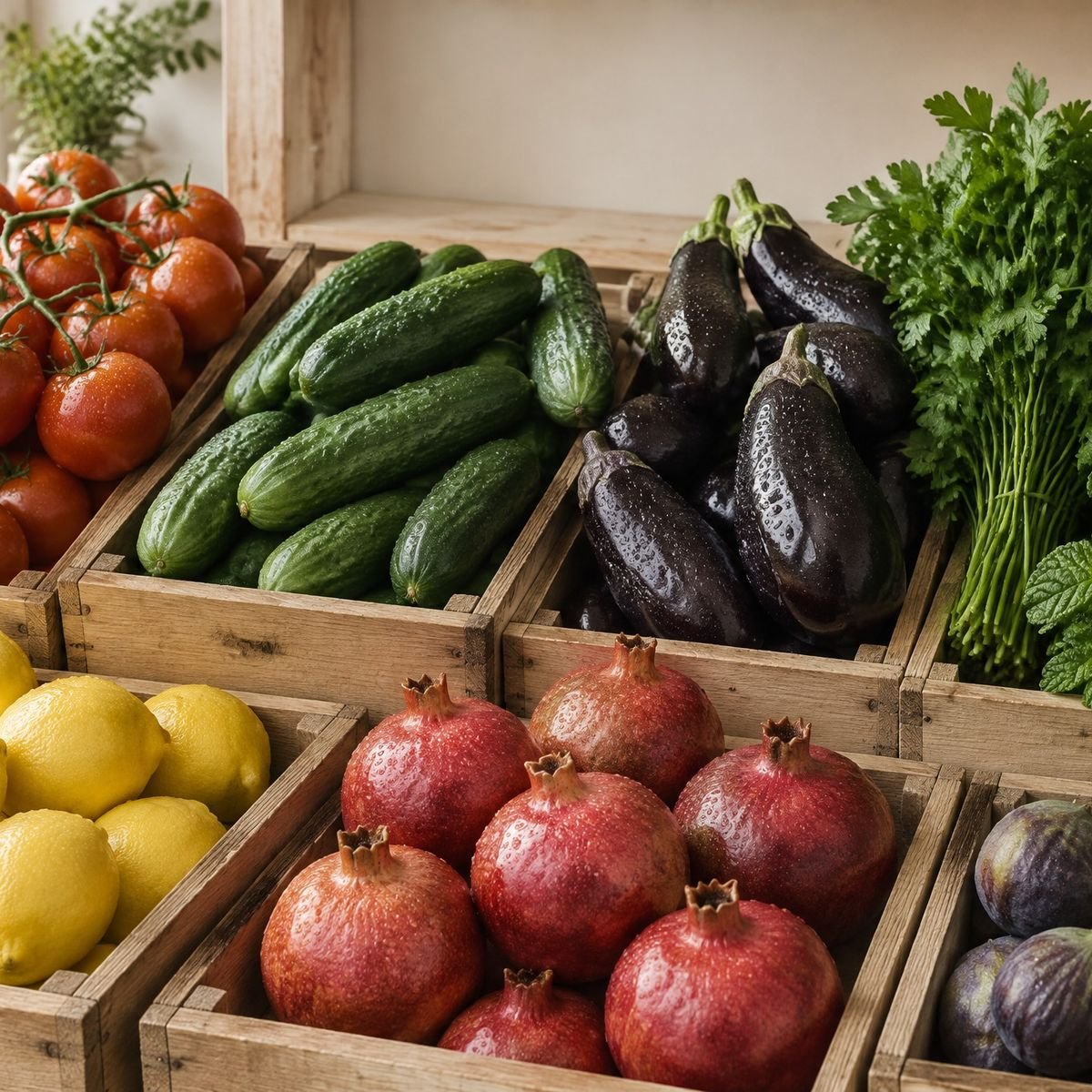 Tomaten, Gurken, Auberginen, Kräuter, Zitronen und Granatäpfel