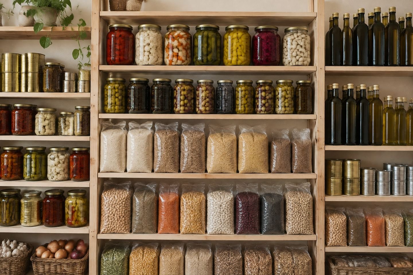 Gläser, Konserven, Reis, Hülsenfrüchte und Olivenöl